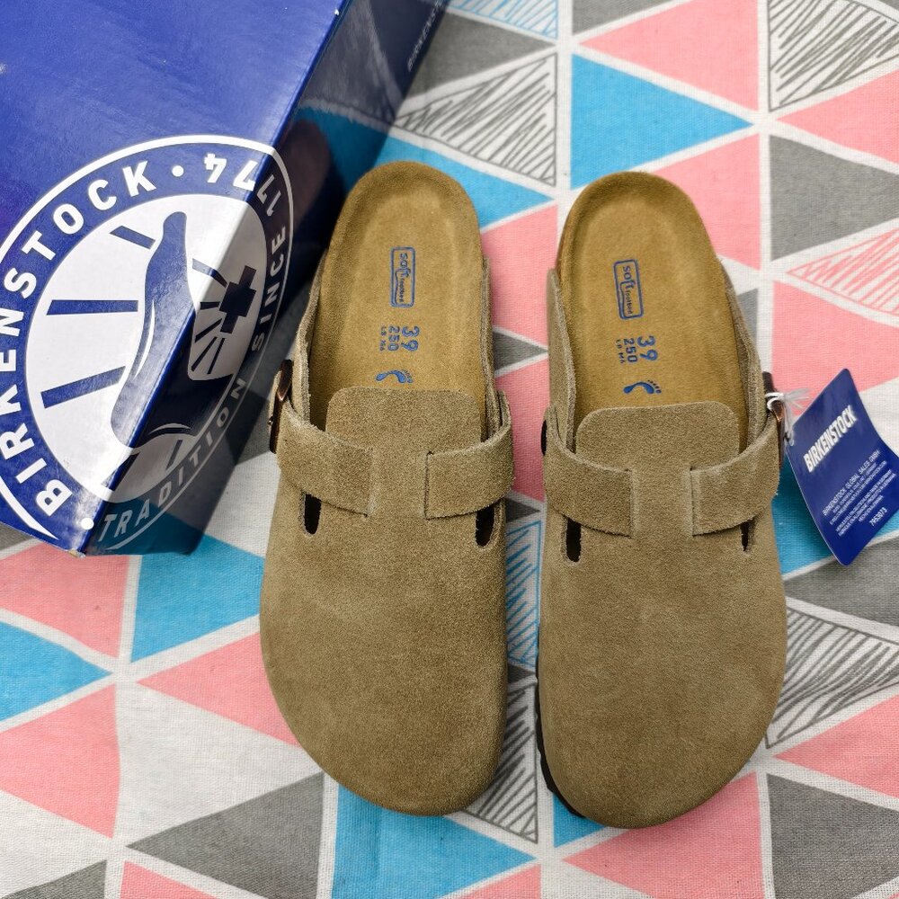 Women's Taupe Suede Birkenstock Boston Shoes - Narrow Fit